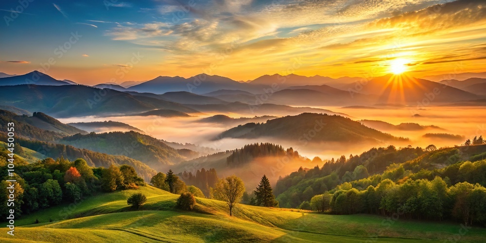 Fototapeta premium Serene sunrise over majestic mountains casting warm glow on rolling hills and tranquil valley below