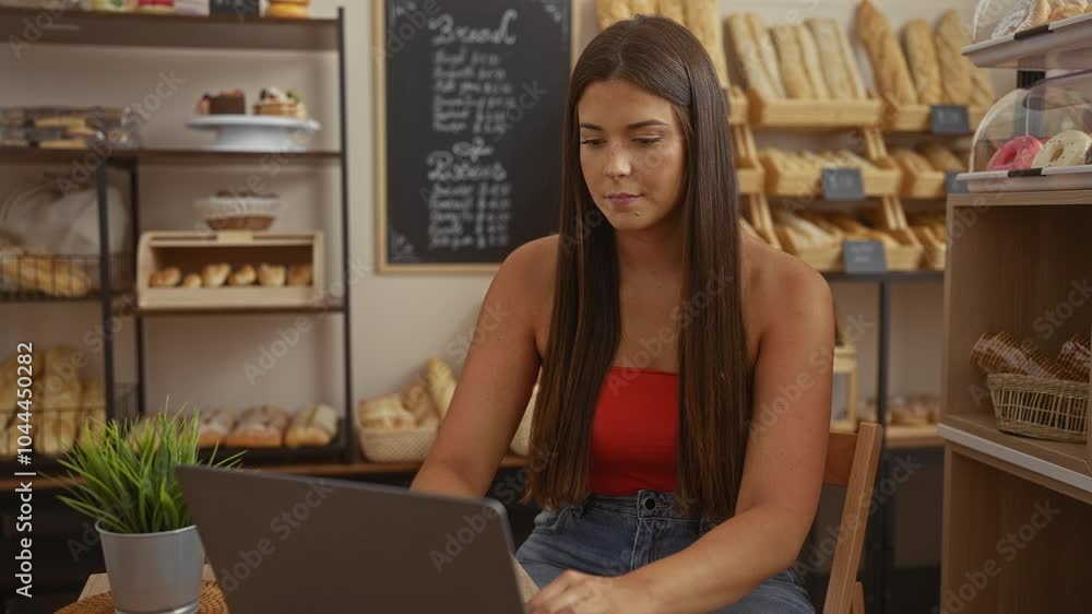 Young woman working on a laptop inside a bakery shop, surrounded by various breads and baked goods, with a focus on a modern and cozy interior. Young woman working on a laptop inside a bakery shop, surrounded by various breads and baked goods, with a focus on a modern and cozy interior.