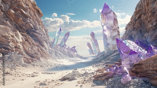 Dreamscapes & Realms: Fantastical Scene Showcased Through Concept Art Featuring Purple Crystal Outcroppings Over Snow-Covered Sand Plains photo