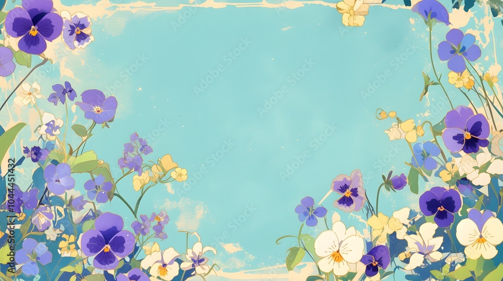 A springtime pastel blue card with cartoon-style violets and pansies framing a blank space in the middle, giving it a fresh and airy look.