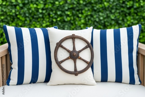 Nautical themed decorative pillows with a ship's wheel, vibrant colors. photo