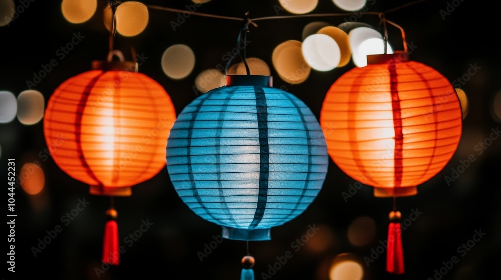 Obraz premium Colorful Paper Lanterns Hanging in Darkness with Bokeh Lights