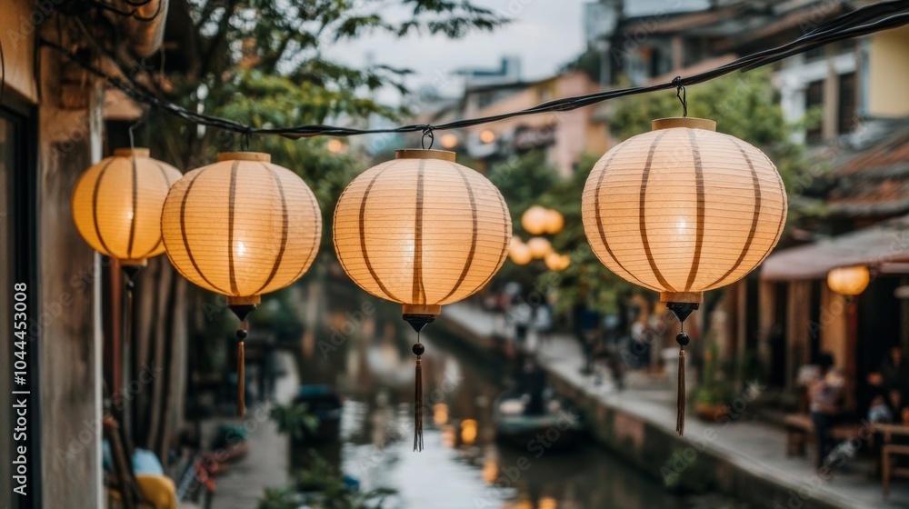 Asian Lanterns String Lights Over Canal In City Asian Lanterns String Lights Over Canal In City