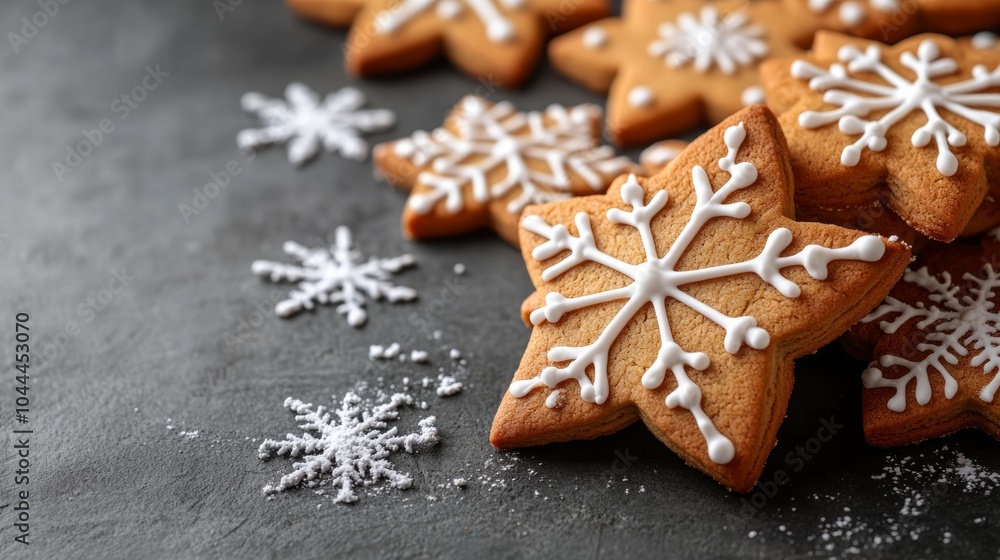 Festive Star Shaped Gingerbread Cookies with Snowflake Icing on Dark Background Festive Star Shaped Gingerbread Cookies with Snowflake Icing on Dark Background