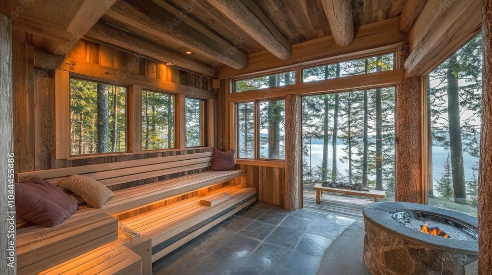 Wooden Cabin Interior with a View of a Forest and Lake Wooden Cabin Interior with a View of a Forest and Lake