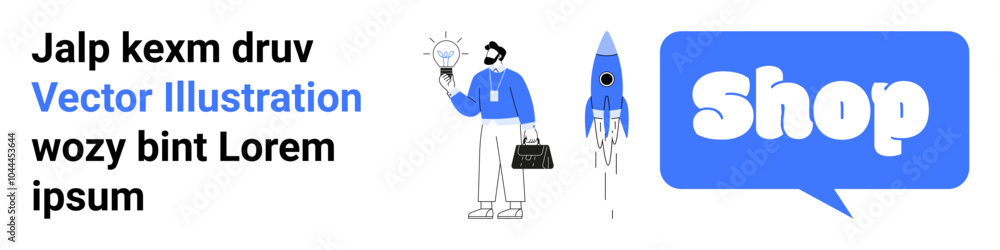 Businessman holding light bulb with rocket launch next to him and shop icon on the right. Ideal for e-commerce, startup, business ideas, innovation, and online shopping. Banner for landing page Businessman holding light bulb with rocket launch next to him and shop icon on the right. Ideal for e-commerce, startup, business ideas, innovation, and online shopping. Banner for landing page