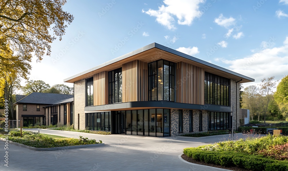 Modern, wood-clad office building with large windows and a landscaped entrance. Modern, wood-clad office building with large windows and a landscaped entrance.