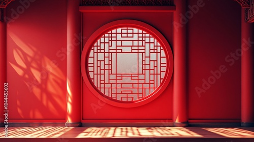 Window circle in red wall with traditional Chinese style. Interior view.
