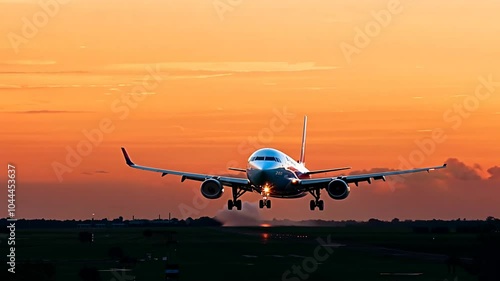 sunset Airplane (aircraft) takes-off (taking off) aeroplane aircraft taking off take-off landing aerodrome aerospace air airfield airline airliner arrival arrive aviation boarding business commercial