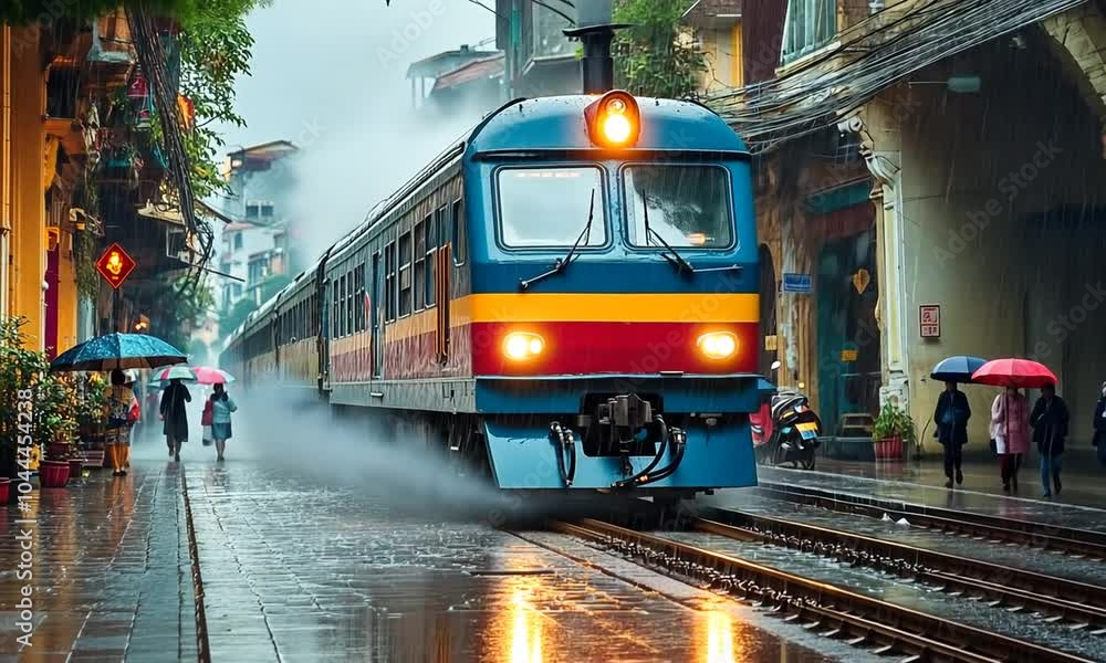 A colorful train approaches in the rain, surrounded by urban buildings and people. A colorful train approaches in the rain, surrounded by urban buildings and people.