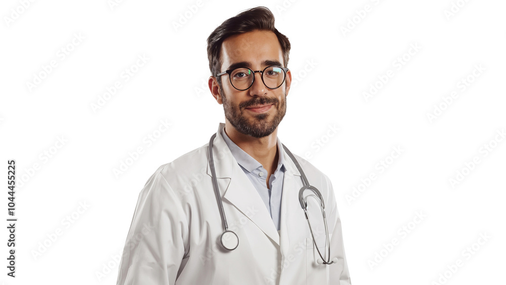Portrait of a smiling male doctor with a stethoscope, isolated on transparent background Portrait of a smiling male doctor with a stethoscope, isolated on transparent background