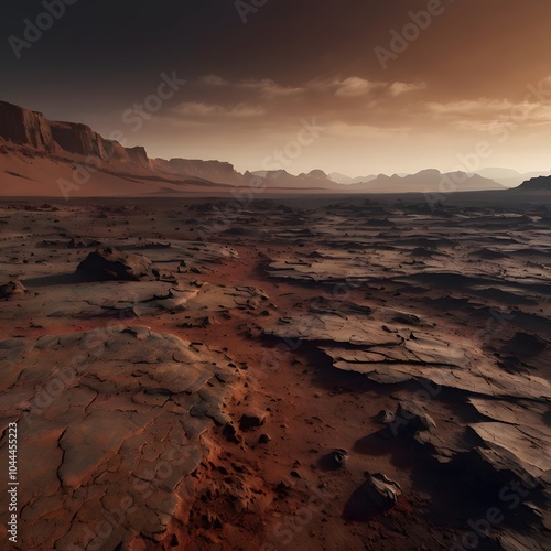 Wide panorama of mars - the red planet - landscape with red rocks and a planet is front of us

 photo