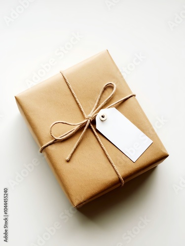 A beautifully wrapped gift box in brown paper with a tag, perfect for celebrations and special occasions.