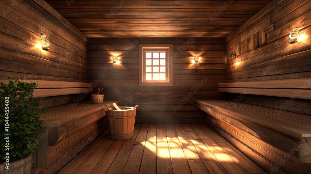 Fototapeta premium Wooden Sauna Interior with Sunlight Streaming Through Window