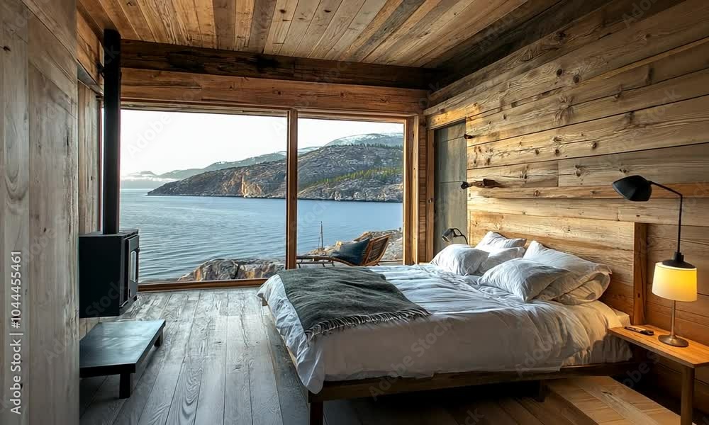 A cozy bedroom with a stunning ocean view through large windows. A cozy bedroom with a stunning ocean view through large windows.