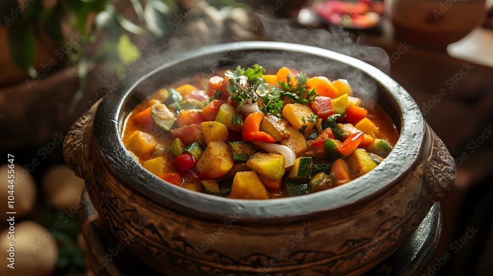 A vibrant vegetable curry is served in a traditional clay pot, filled with colorful vegetables and fragrant spices. The steam rises gently, revealing the rich, creamy texture of the curry sauce. A vibrant vegetable curry is served in a traditional clay pot, filled with colorful vegetables and fragrant spices. The steam rises gently, revealing the rich, creamy texture of the curry sauce.