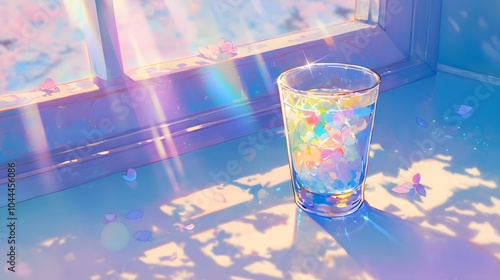 A water-filled glass tumbler placed near a window, reflecting a dazzling array of colors from sunlight filtered through a nearby prism, creating a mesmerizing effect. photo