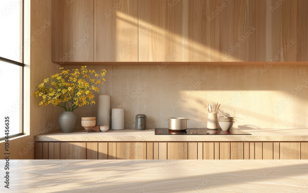 Modern kitchen design with wooden shelves and wooden countertop and hanging cabinet in natural lighting form window