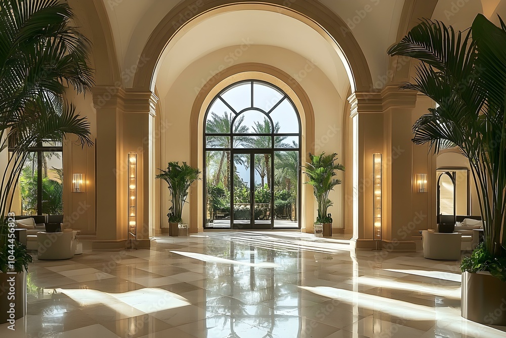 Fototapeta premium Elegant Lobby with Arched Architecture and Lush Greenery