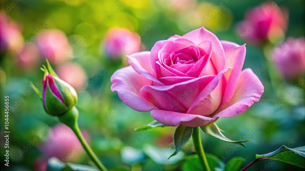 Rose bud in pink color highlighted in the foreground with wide-angle shot Rose bud in pink color highlighted in the foreground with wide-angle shot