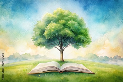 Serene watercolor landscape painting with tree and open book, dreamy literary backdrop, wide format with copy space photo