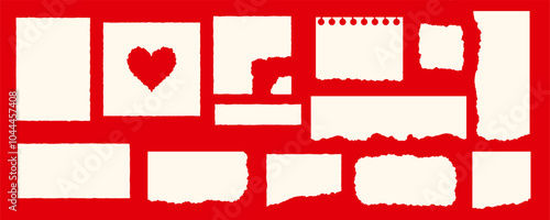 White silhouette square rectangle different shapes isolated on red background. Set of rough torn paper with ragged edges