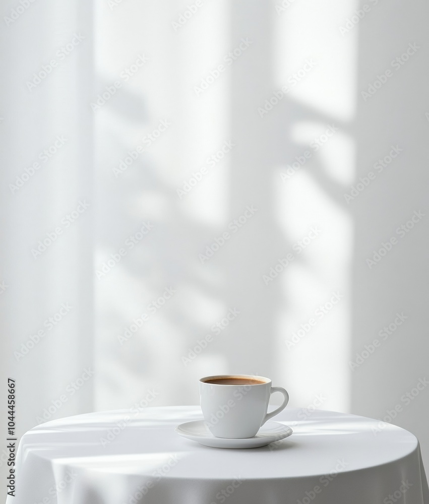 Morning Coffee Minimalism Sunlit Cup on White Table in Modern Clean Space Morning Coffee Minimalism Sunlit Cup on White Table in Modern Clean Space