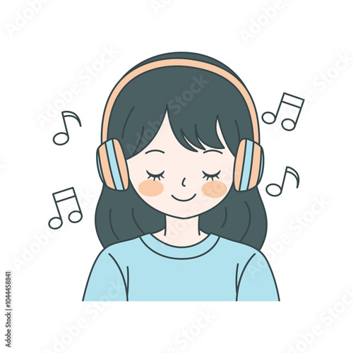 Cute Girl Cartoon Character Listening Music with Headphone