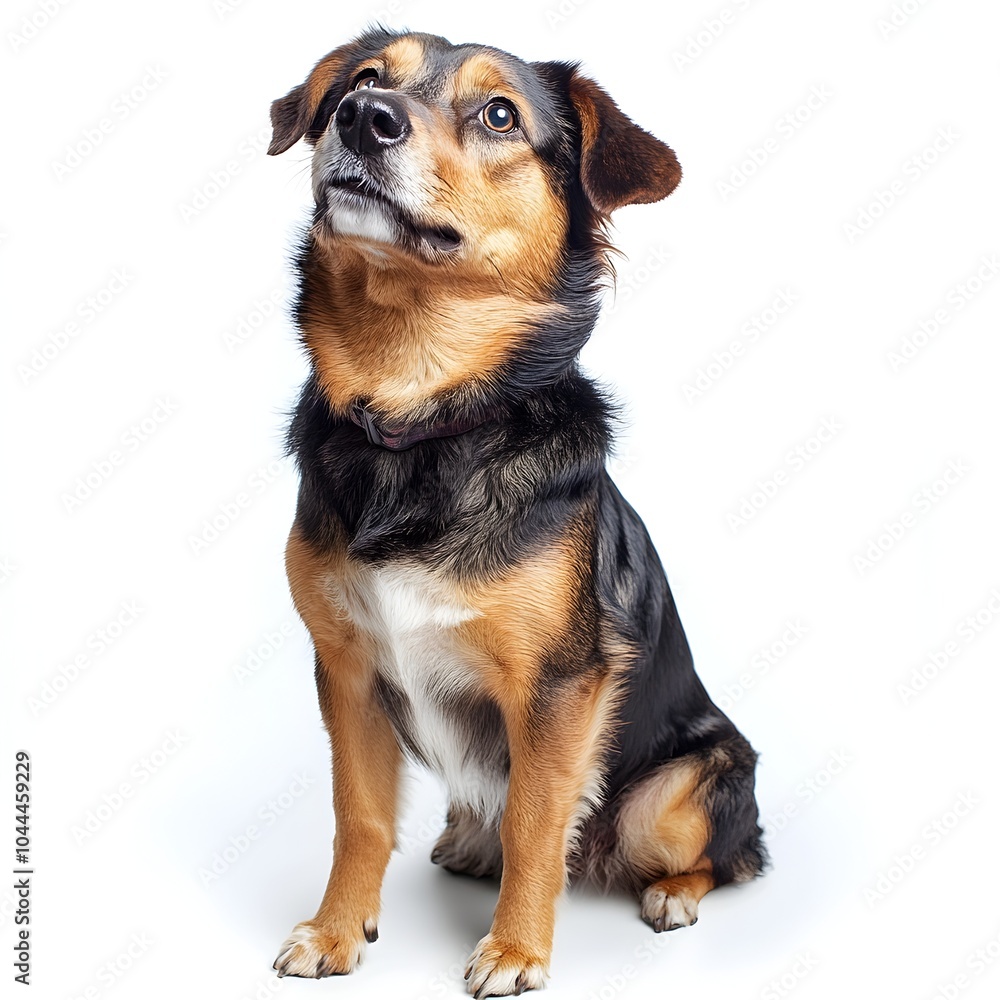 Adorable Mixed Breed Dog Sitting and Observing with Alert and Curious Expression in Front of White Background Adorable Mixed Breed Dog Sitting and Observing with Alert and Curious Expression in Front of White Background