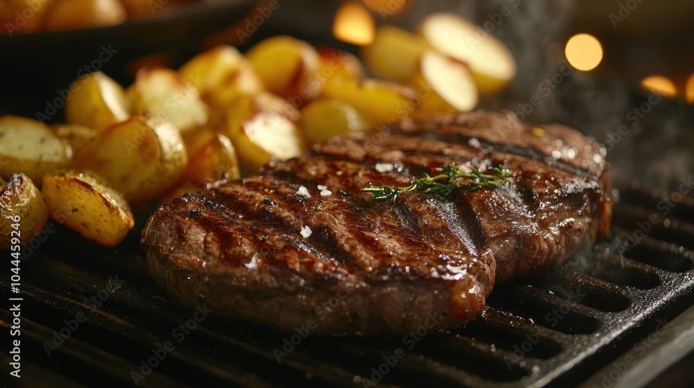 Juicy Steak and Potatoes on a Grill Juicy Steak and Potatoes on a Grill