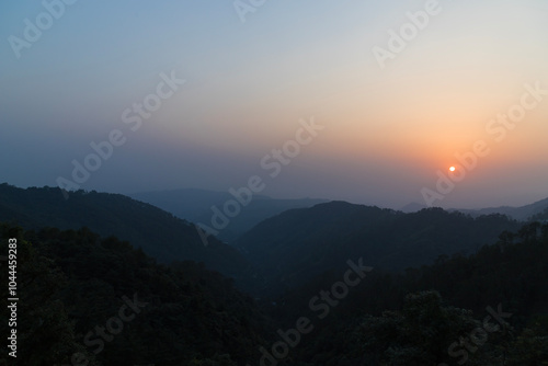 Scenic landscape of taradevi sunset in himachal pradesh in India. Himalayan mountains in himachal pradesh India. photo