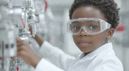 Young African American Boy in Lab Coat Working on Robotics Project in Modern Laboratory photo