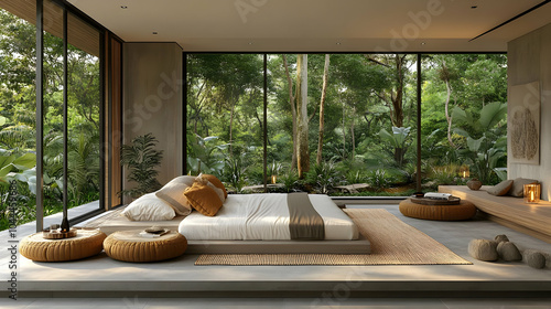 Modern Bedroom Design With Large Windows And Jungle View - 3d Illustration photo