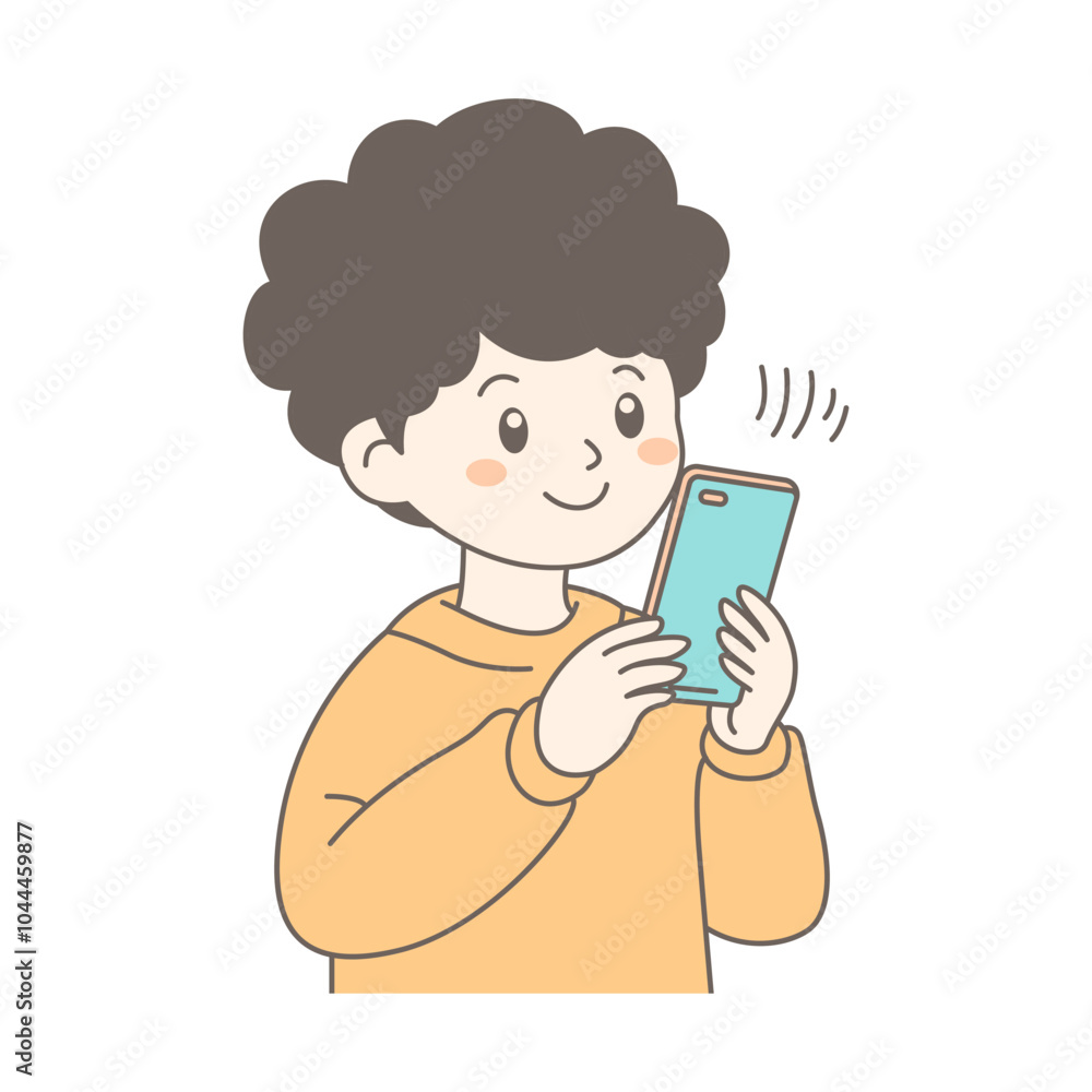 Cute Boy Cartoon Character Playing Gadget with Smile Expression Cute Boy Cartoon Character Playing Gadget with Smile Expression
