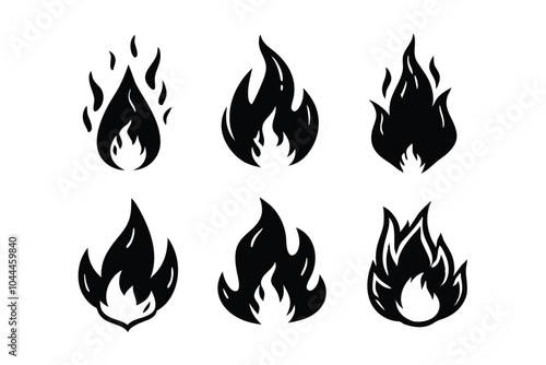 Set of fire icons in doodle style. Hand drawn flames. Vector linear illustration on white background