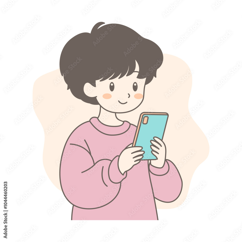 Cute Boy Cartoon Character Playing Gadget with Smile Expression Cute Boy Cartoon Character Playing Gadget with Smile Expression