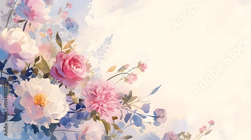 Fototapeta Naklejka Na Ścianę i Meble -  Soft, pastel watercolor splashes of peonies and dahlias frame the center, leaving a blank space for text, while light pinks, peaches, and blues blend harmoniously.