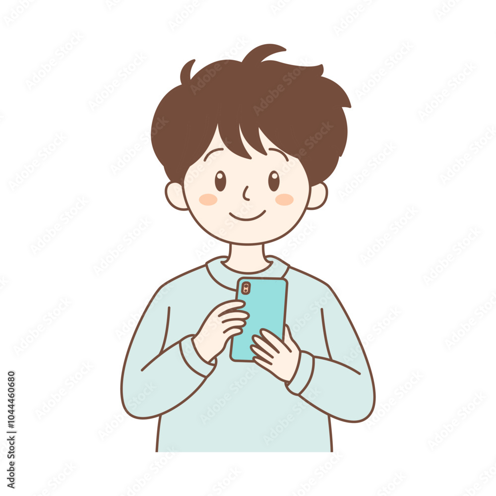 Cute Boy Cartoon Character Playing Gadget with Smile Expression Cute Boy Cartoon Character Playing Gadget with Smile Expression
