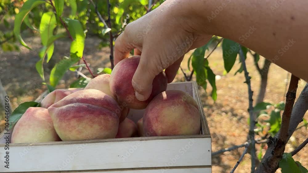 Farmer picking peaches fruits in orchard. Farmer picking peaches fruits in orchard.