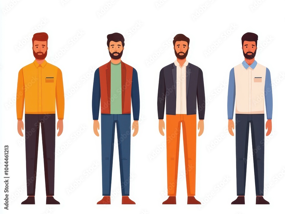 Four stylish, animated male figures showcasing a variety of modern outfits and colors. Four stylish, animated male figures showcasing a variety of modern outfits and colors.