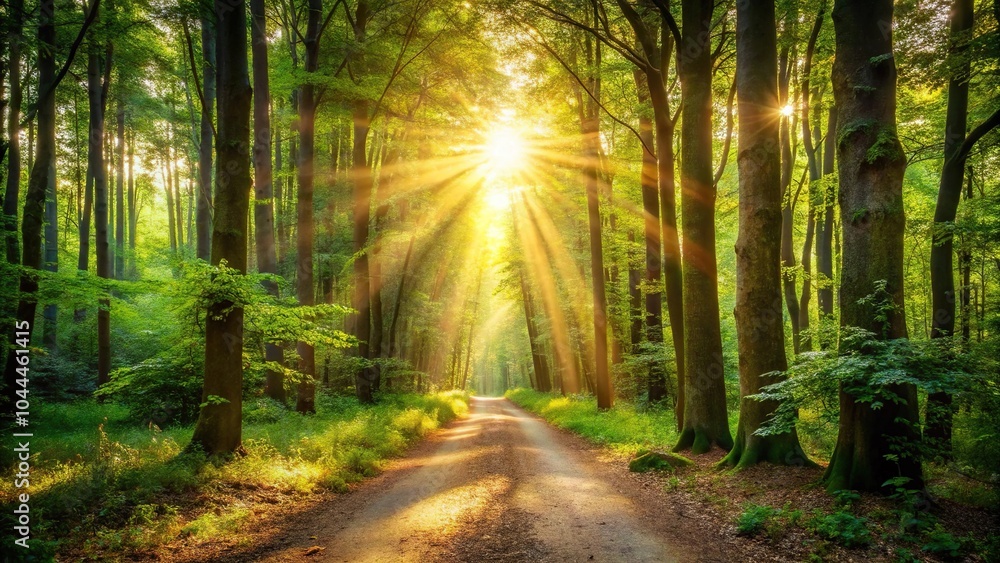 Fototapeta premium Serene woodland path illuminated by sunlight streaming through dense forest trees