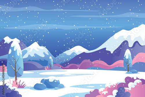 A wintery view, bathed in the hushed beauty of snowfall. Backed by snow-clad mountains, the beauty of a silent, nippy landscape. The serenity of the charming winter.