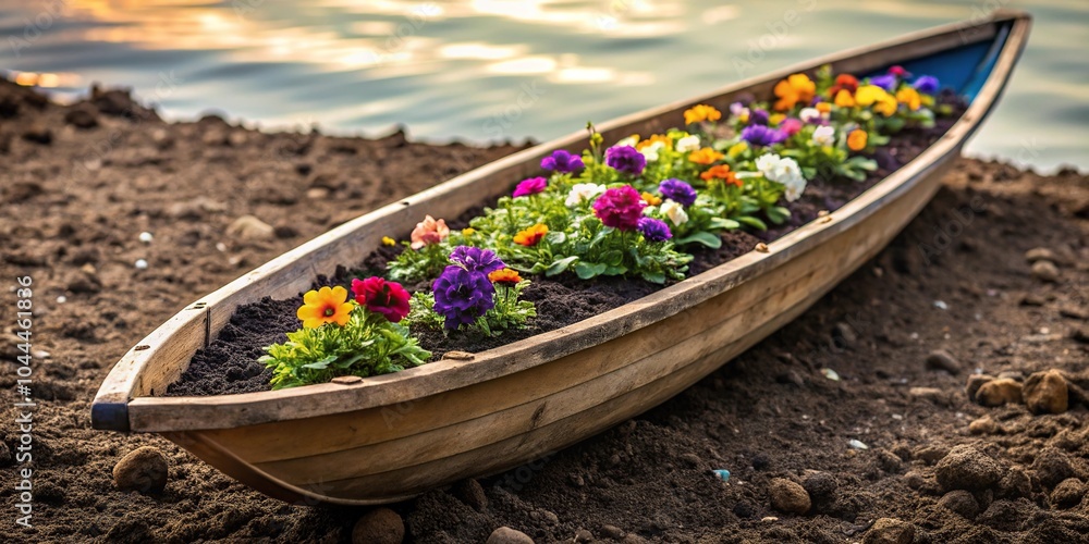 Rowing boat filled with soil and flowers on a tilted angle Rowing boat filled with soil and flowers on a tilted angle