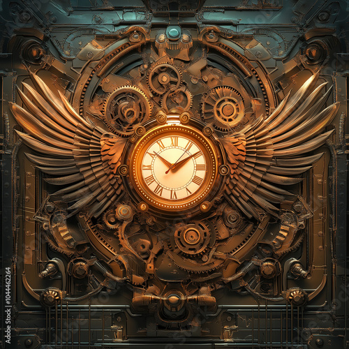 A vibrant steampunk card with intricate gears, pipes, and machinery, all in bronze and copper hues. A glowing clock at the center with mechanical wings stretching outward, symbolizing time in motion.
