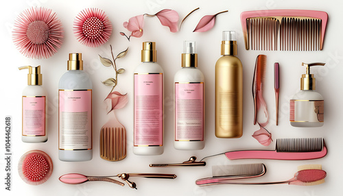 A detailed flat-lay illustration of hair care essentials, including a variety of shampoos, conditioners, hair serums, and styling tools like straighteners and combs photo