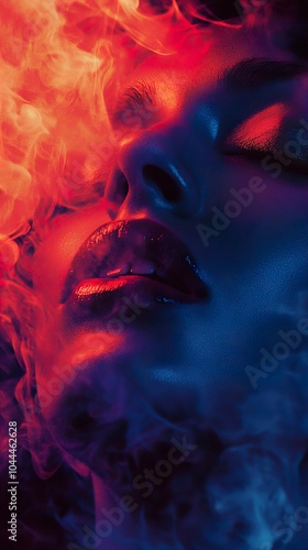 Close-up Portrait of a Woman in Red and Blue Smoke