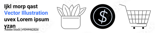 Icons featuring a potted plant, a dollar sign, and a shopping cart. Ideal for e-commerce, online shopping, retail, finance, and marketing themes. Banner for landing page
