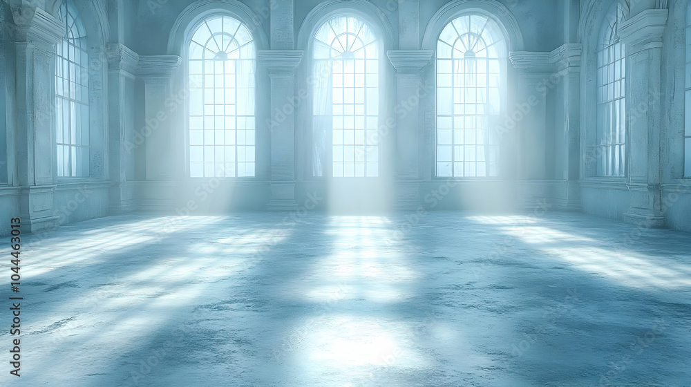 Light Streaming Through Large Windows in an Empty Room 3D Illustration Light Streaming Through Large Windows in an Empty Room 3D Illustration
