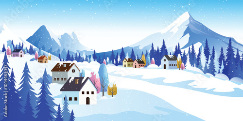 The exquisite snowy countryside, fringed by majestic mountains that nestle in the backdrop. The expansiveness of the snow-filled landscape wit charming country houses.