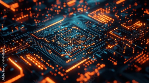 A digital background of a glowing circuit board with intricate pathways and bright LED-like lights, symbolizing modern technology and computing power